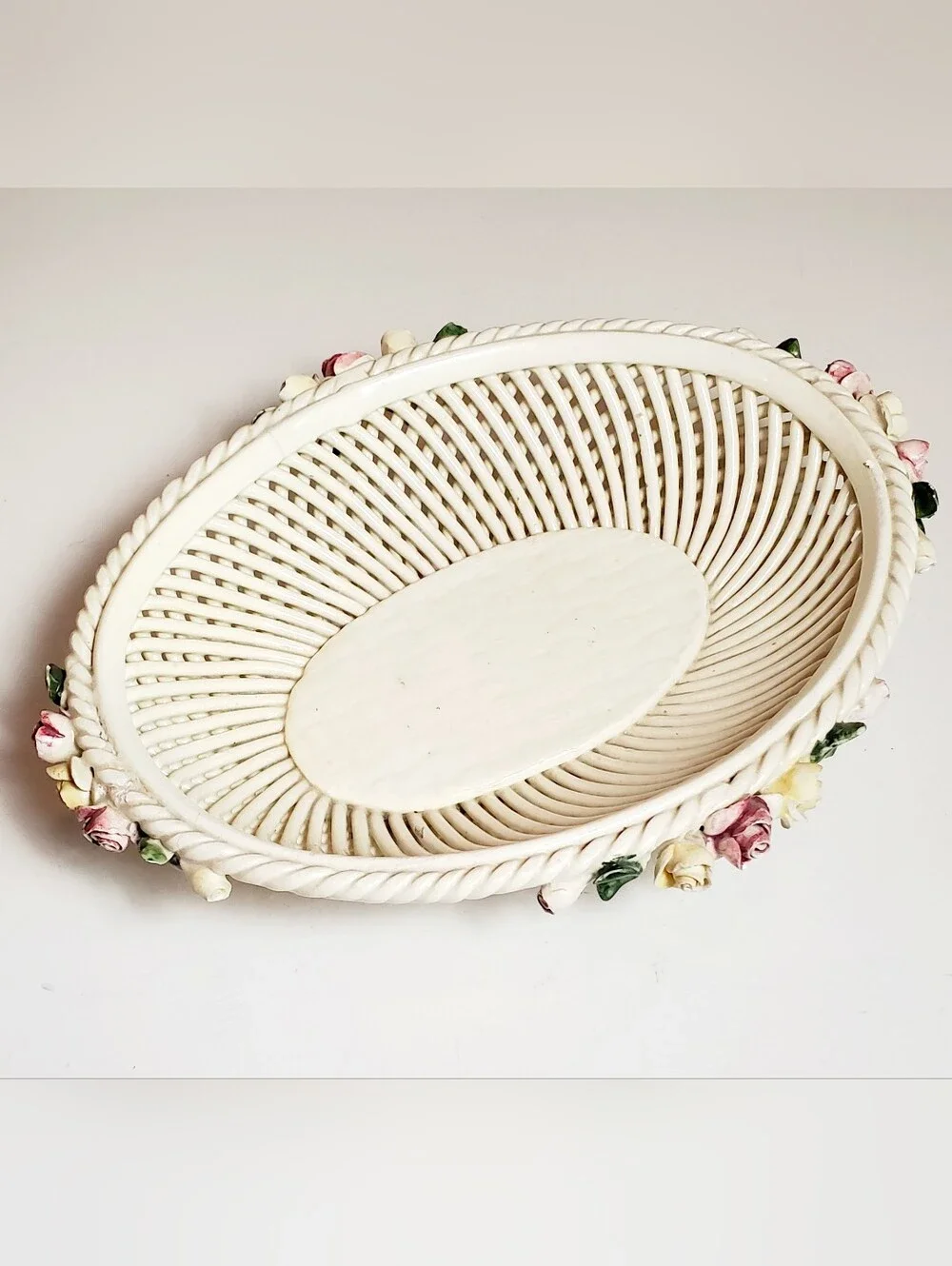 Vintage Italian Ceramic Floral Lattice Cottagecore Basket